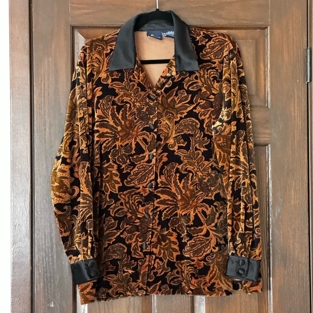 Vintage Lizsport 90s Velour and Satin Blouse Top Liz Claiborne